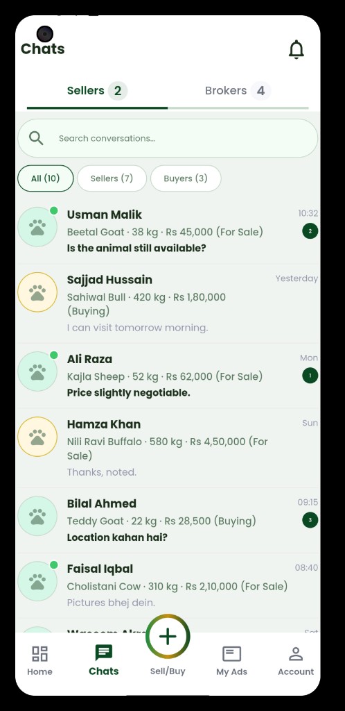 Qasvah chats screen for buyers and sellers