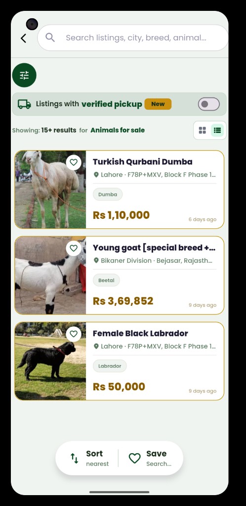 Qasvah search results with animal listings